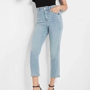Express Super High Rise Mom Jeans in Light Blue Wash